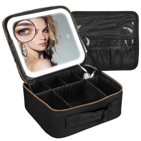 Travel Makeup Bag with LED Mirror Makeup Case Organizer with 3 Light Colors Adjustable Dividers Brush Holder Magnifying Mirror Dimmable USB Rechargeab (Color: Black, size: S)