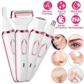 4 In 1 Electric Razor for Women Painless Grooming Kit Rechargeable Eyebrow Nose Hair Pubic Hair Bikini Trimmer Face Shaver (Color: Pink)