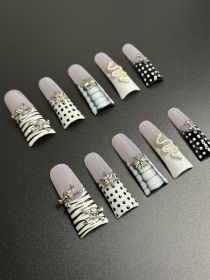 2026 Gothic charm meticulously crafted wearable nails, Valentine's Day long duck-bill shaped press-on false nail set, handcrafted false nail pieces (size: M)