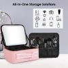 Travel Makeup Bag with LED Mirror Makeup Case Organizer with 3 Light Colors Adjustable Dividers Brush Holder Magnifying Mirror Dimmable USB Rechargeab